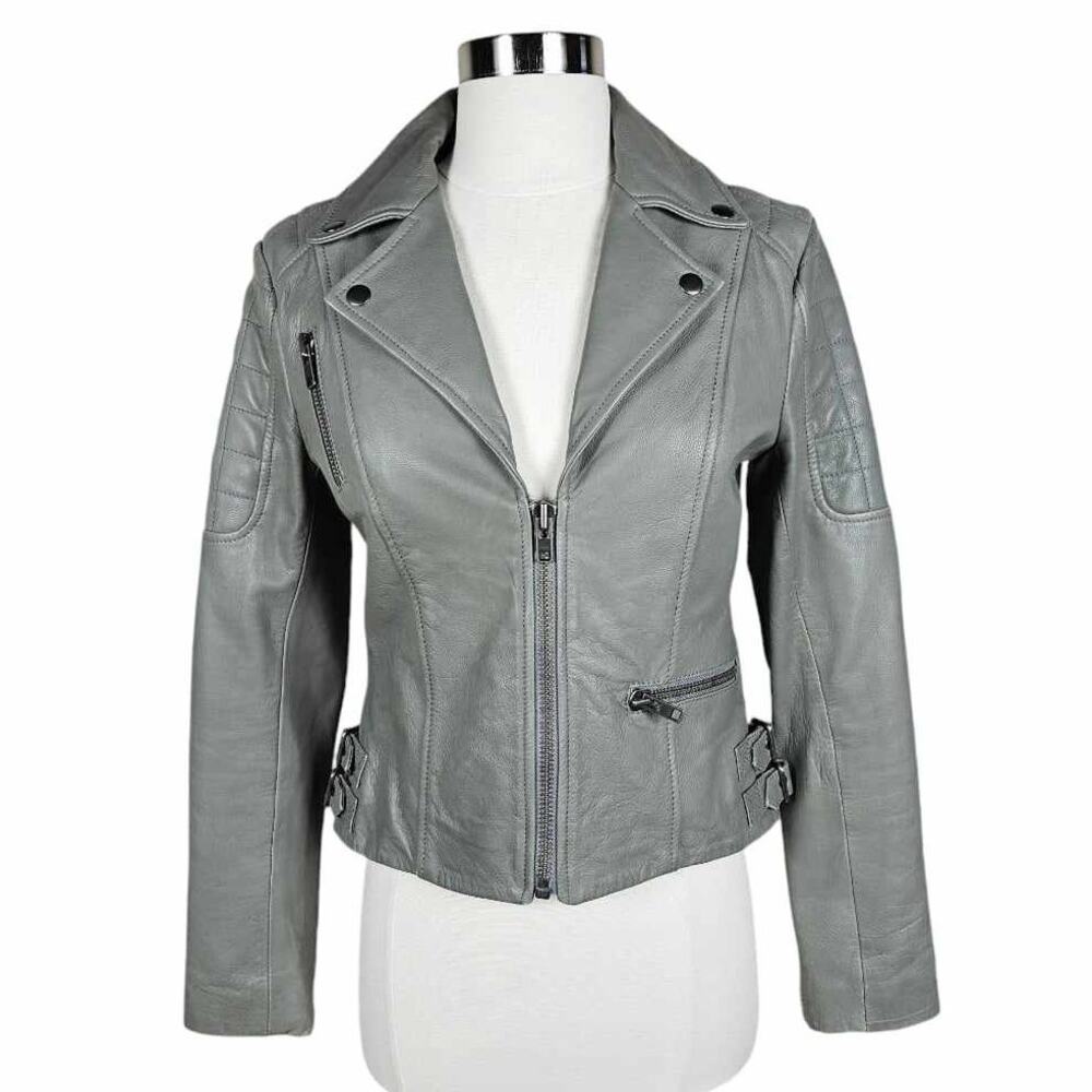 Muubaa Rengo Gray Leather Biker Jacket Buckle Detail Size 6